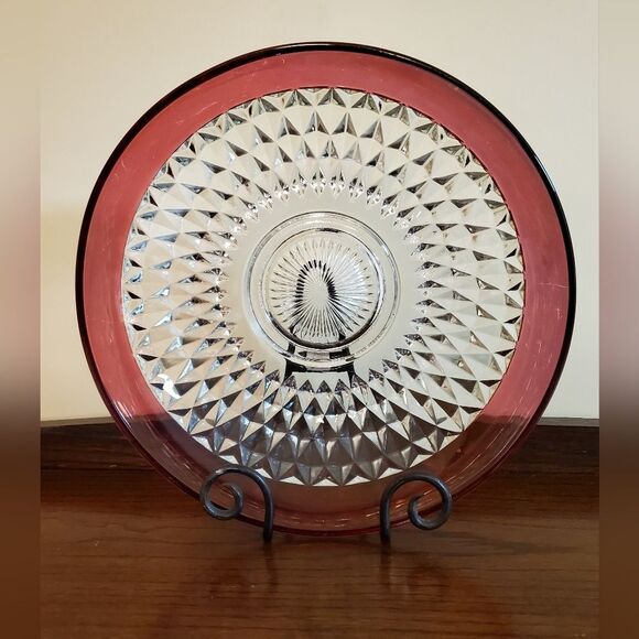 Indiana Glass Ruby Band Crystal Diamond Serving Bowl 13.5" - Picture 1 of 5